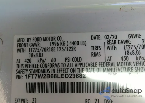 2020 Ford F250 Super Duty z USA, uszkodzony, nr VIN 1FT7W2B68LED23682